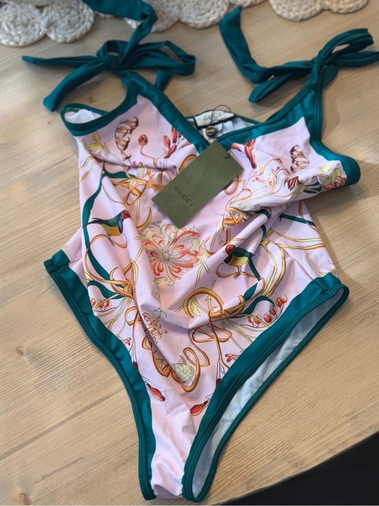 Gucci Other - Gucci Pink Floral One-Piece with Dark Green Trim